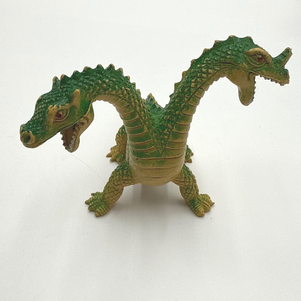 Vintage Two Headed Dragon Monster Figure Green Tan Made in Hong Kong
